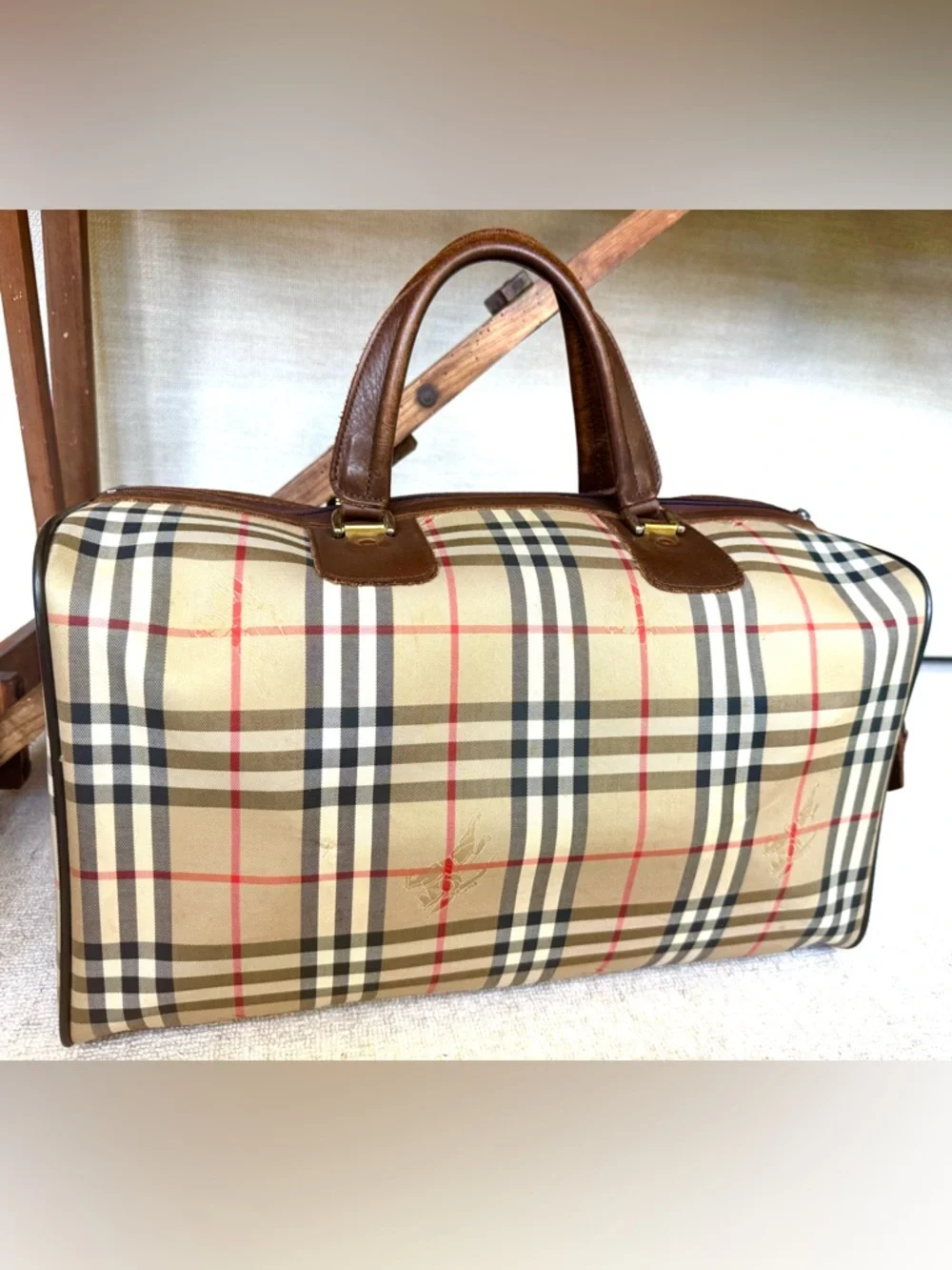 BURBERRYS Vintage Nova Check Travel Duffel Leather Lined Bag EUC